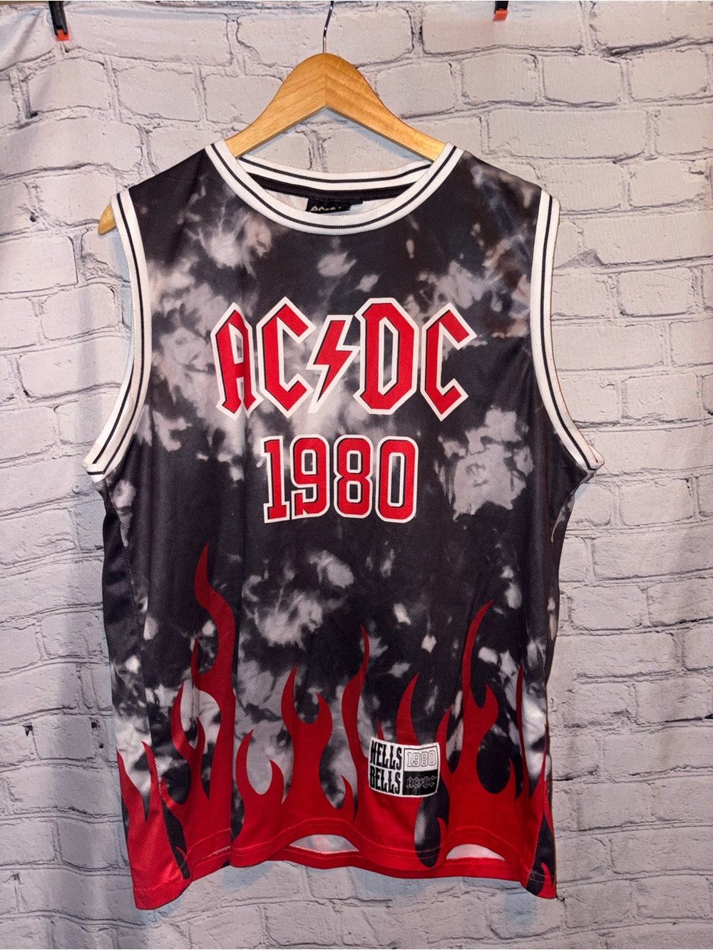 AC/DC  Hells Bells Fire Flames Black Red Tie-Dye  Muscle Tank Sleeveless Jersey